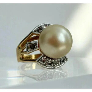 Vintage Gold Tone Gemstone Lined Split Shank Faux Pearl Classic Ring - size 5